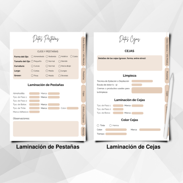 Ficha editable de registro de clientes para laminación de cejas y pestañas