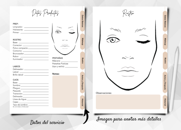 Ficha digital editable para maquillaje datos y detalles