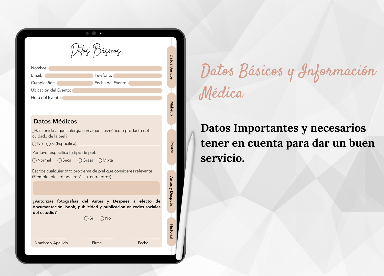 Ficha digital editable para maquillaje datos e información médica