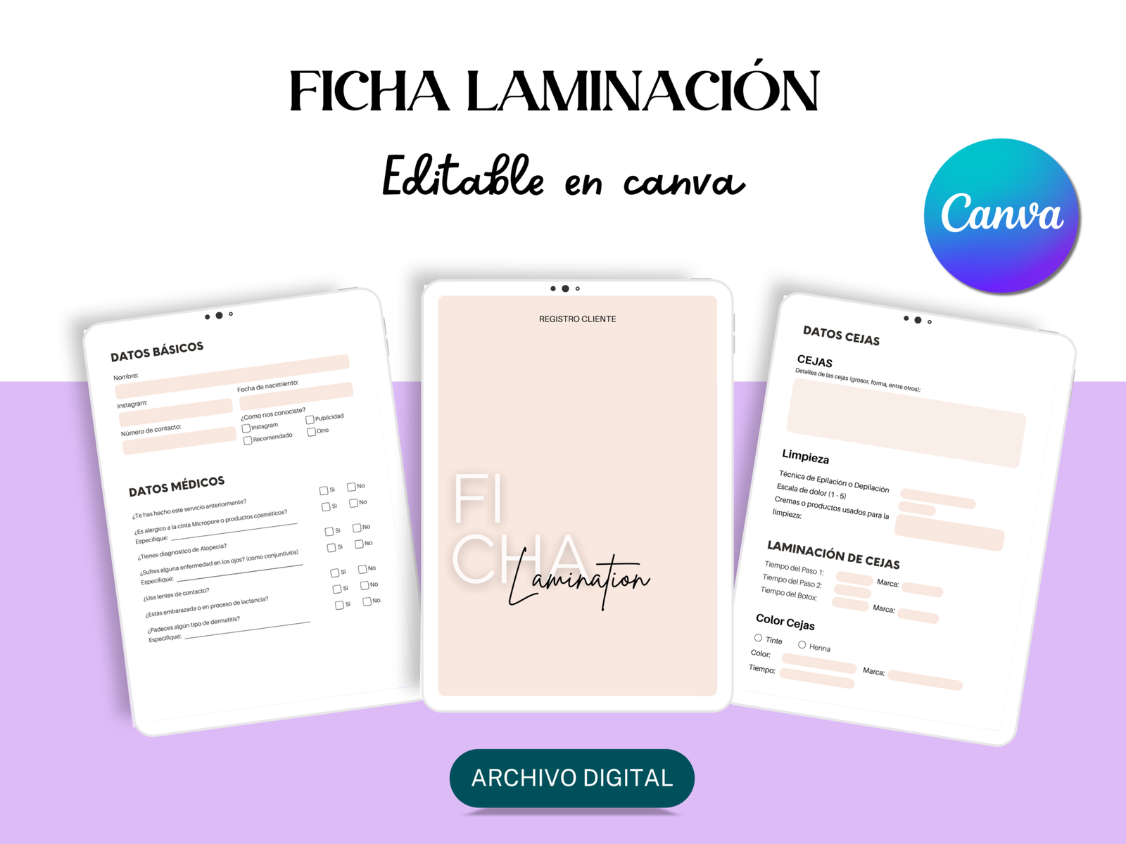 Plantilla editable CANVA - Ficha de Laminación Cejas y Pestañas