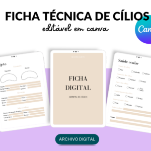 Ficha Técnica de Cílios editável em Canva, formato de cílios, template canva