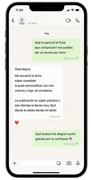 Testimonio de clienta, captura de WhatsApp en mockup de teléfono
